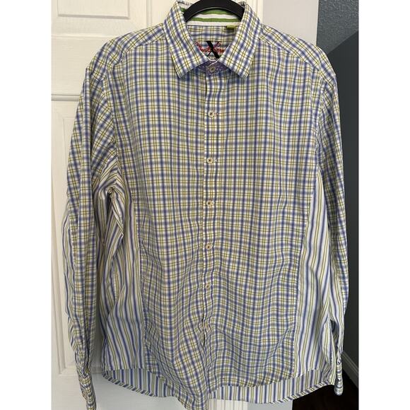 Robert Graham Long Sleeve Shirt Sz XL Plaid Flip Cuff Button-Up Yellow Blue READ - Picture 1 of 12
